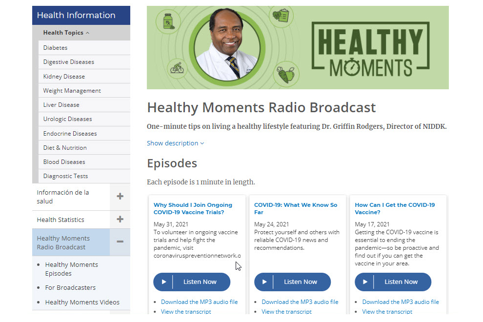 Screenshot of the Healthy Moments Broadcasts website