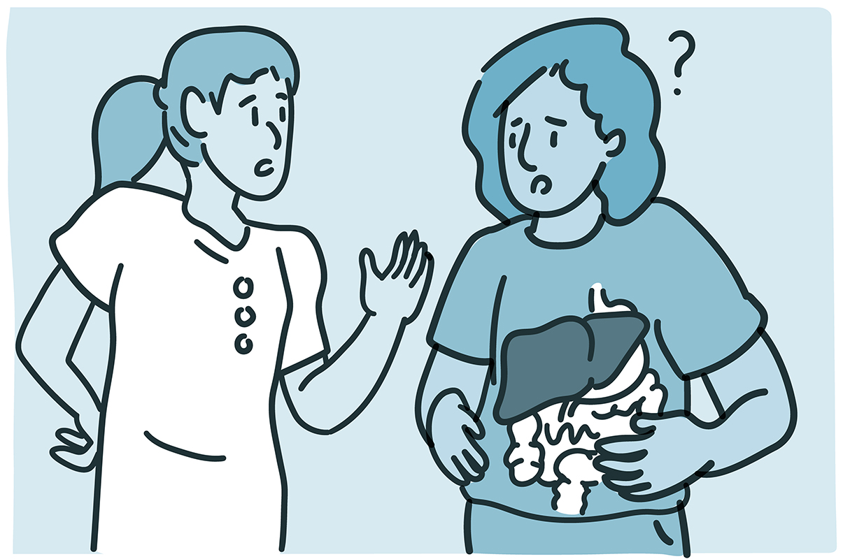 Illustration of a woman appearing distressed, holding her stomach while talking to another person.