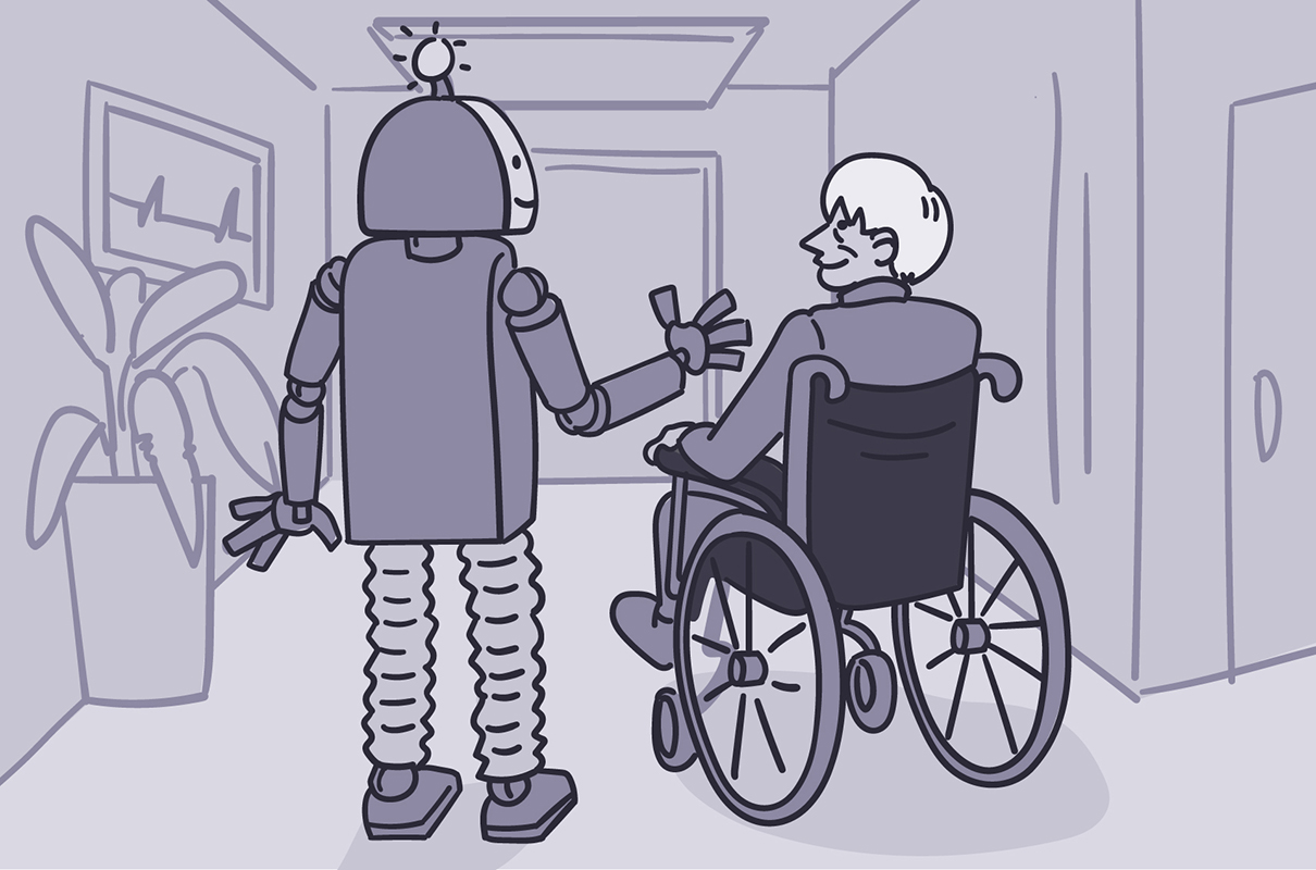 Robot walking with an older man in a wheelchair.