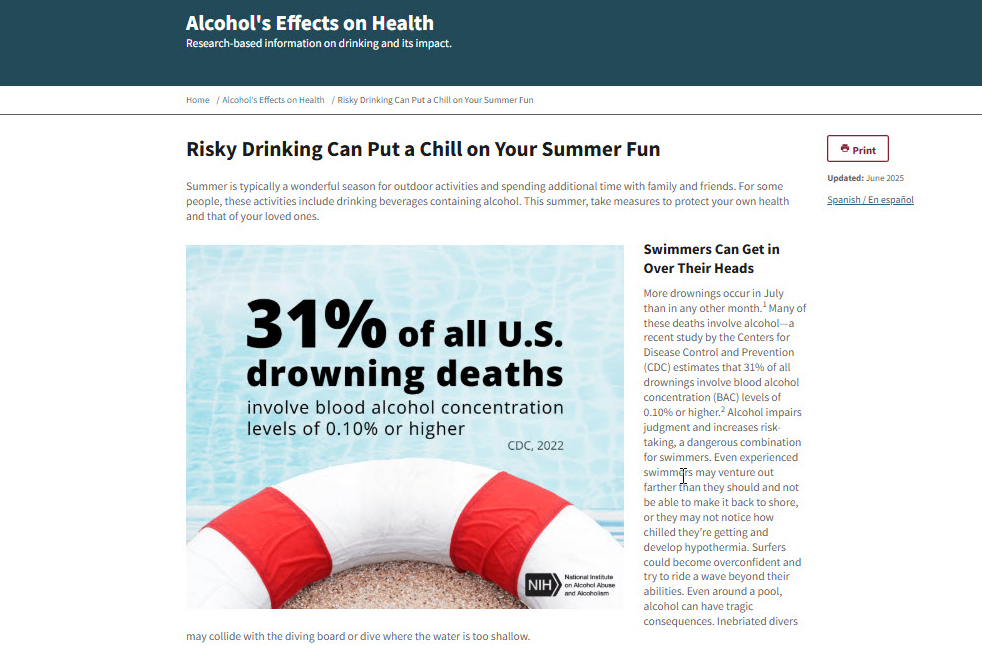 Screenshot of the Risky Drinking Can Put a Chill on Your Summer Fun website. 