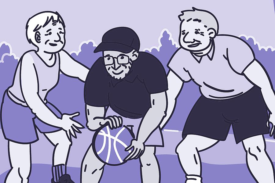 Illustration of three adults playing basketball on an outdoor court.